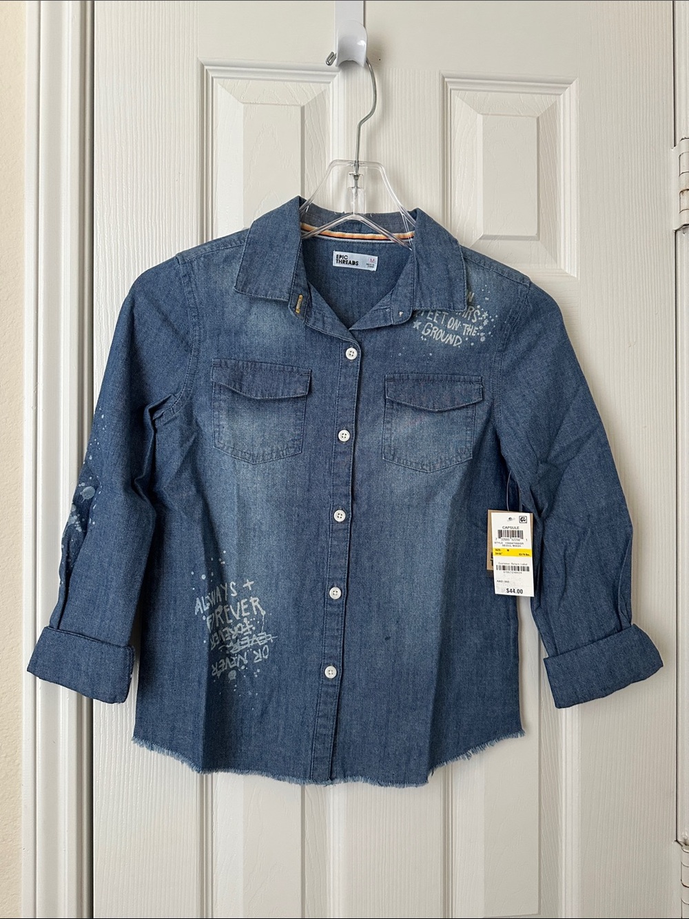 Epic Threads Blue Denim Button-Front Shirt with White Graphic Accents